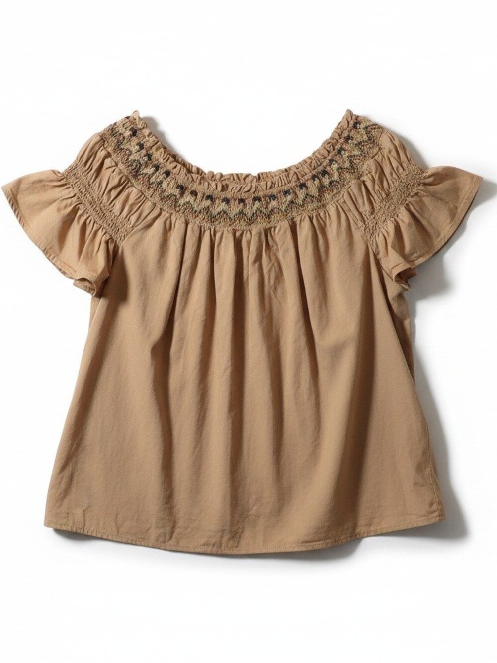 Old Navy XL Smocked Peasant Top Tan Bohemian 100% Cotton Flutter Sleeve